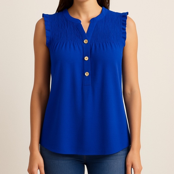 Wilde Tops - Wilde Royal Blue Sleeveless Smocked Henley Top L Ruffle Trim Button Front